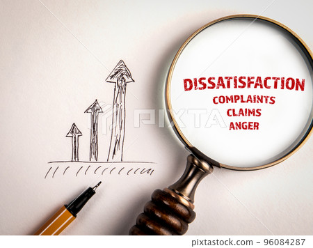DISSATISFACTION concept. Text and magnifying glass on white background DISSATISFACTION concept. Text and magnifying glass on white background 96084287