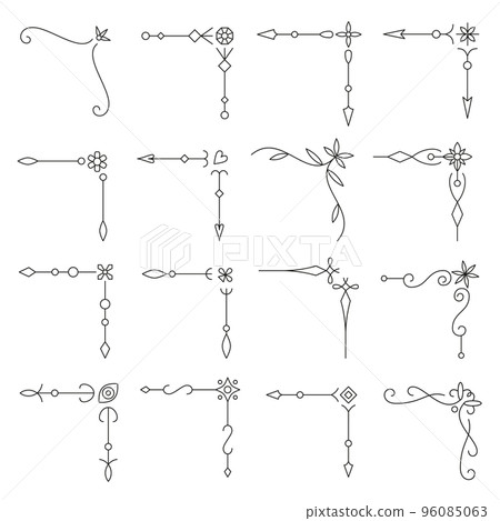 Vintage corner border black thin line set. Line elegant victorian flourish text decoration for wedding invitation, greeting card, menu. Retro art deco frames ornate divider, separator, delimiter Vintage corner border black thin line set. Line elegant victorian flourish text decoration for wedding invitation, greeting card, menu. Retro art deco frames ornate divider, separator, delimiter 96085063