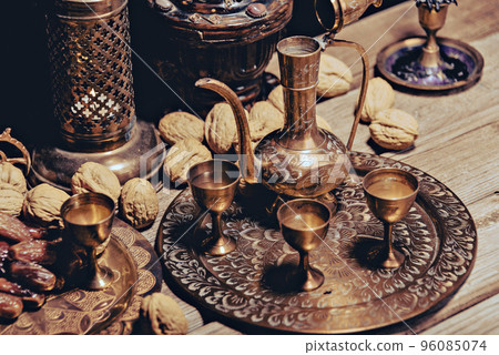 Date Fruit on Red Striped Cloth. Iftar Food Mostly Eating in Ramadan. 96085074