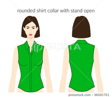 Rounded shirt collar with stand open neckline plackets clothes character in green top, dress technical fashion illustration Rounded shirt collar with stand open neckline plackets clothes character in green top, dress technical fashion illustration 96085761