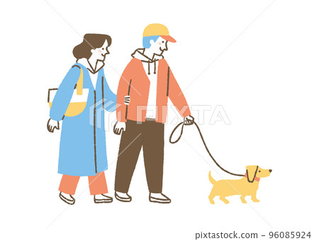 Two men and women walking a dog _ color Two men and women walking a dog _ color 96085924