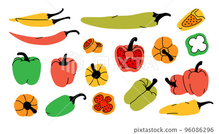 Set of pepper sketch. Red hot chili peppers and bell peppers sketch illustration. Pepper drawing. Hand drawn design element. Vector illustration 96086296