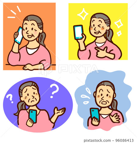 操作智能手機的高級女性 微笑、困擾和沮喪的面部表情 96086413