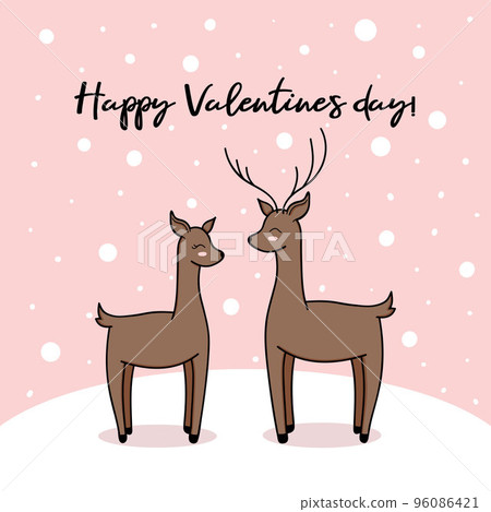 Valentines day card doodle style vector illustration. Cute forest deer couple in snow 96086421
