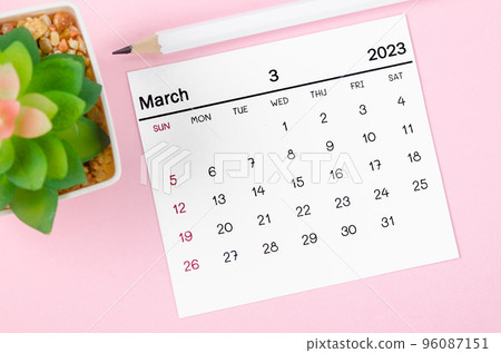 The March 2023 Monthly calendar for 2023 year on pink background. 96087151