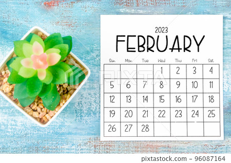 The February 2023 Monthly calendar with plant pot on wooden background. 96087164