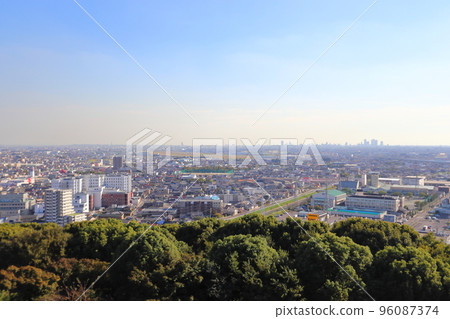 Prefectural Nagoya Airport and downtown Nagoya viewed from Komakiyama Castle, toward Nagoya Station and Higashiyama Sky Tower Prefectural Nagoya Airport and downtown Nagoya viewed from Komakiyama Castle, toward Nagoya Station and Higashiyama Sky Tower 96087374