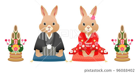 2023 Year of the Rabbit A pair of kimono rabbits greeting [zabuton] 96088402