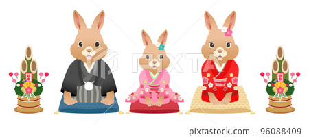 2023 和服問候的兔子父母和孩子[Zabuton] 96088409