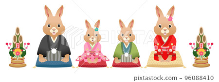 2023年兔年問候穿著和服和門鬆的兔子家族 96088410