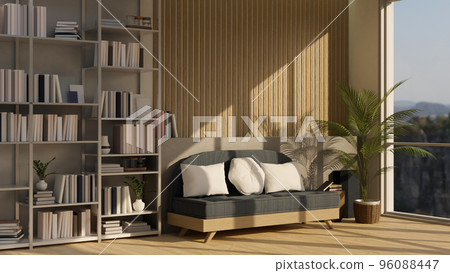 Modern contemporary living room with sofa, houseplant, window, wood plank wall and book shelf Modern contemporary living room with sofa, houseplant, window, wood plank wall and book shelf 96088447