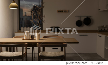 Modern and comfortable home dining room and kitchen cooking space interior design Modern and comfortable home dining room and kitchen cooking space interior design 96088449