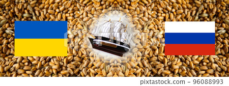 Defocus Russian-Ukrainian grain deal. Ukraine and Russia flag. High grain price, wheat shortage and food crisis concept. Block ports. Export wheat. United Nations. Out of focus Defocus Russian-Ukrainian grain deal. Ukraine and Russia flag. High grain price, wheat shortage and food crisis concept. Block ports. Export wheat. United Nations. Out of focus 96088993