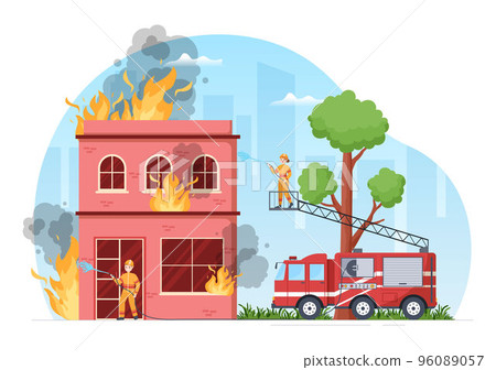 Fire Department with Firefighters Extinguishing House, Forest and Helping People in Various Situations in Flat Hand Drawn Cartoon Illustration Fire Department with Firefighters Extinguishing House, Forest and Helping People in Various Situations in Flat Hand Drawn Cartoon Illustration 96089057