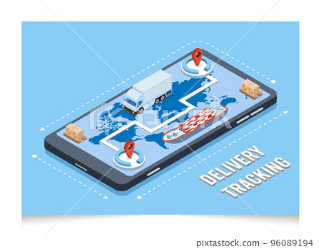 3D isometric International freight delivery smartphone application tracking concept with Smart Logistics, maritime, cargo transportation and logistic service GPS. Vector illustration eps10 96089194