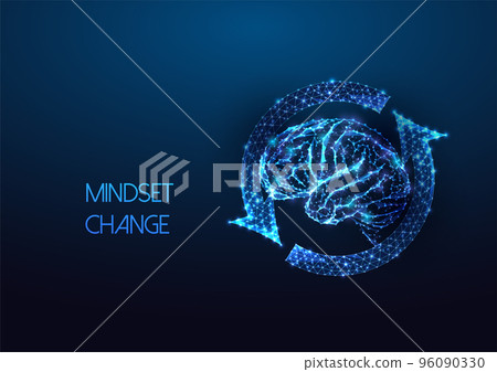 Mindset change concept with human brain in futuristic glowing low polygonal style on dark blue Mindset change concept with human brain in futuristic glowing low polygonal style on dark blue 96090330