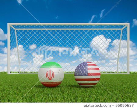 Footballs in flags colors on soccer field . Iran with USA. 3d rendering Footballs in flags colors on soccer field . Iran with USA. 3d rendering 96090657