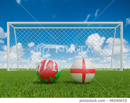 Footballs in flags colors on  soccer field . Wales with England. 3d rendering 96090658
