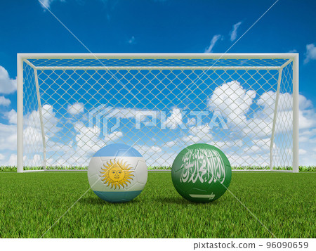 Footballs in flags colors on soccer field . Argentina with Saudi arabia. 3d rendering Footballs in flags colors on soccer field . Argentina with Saudi arabia. 3d rendering 96090659