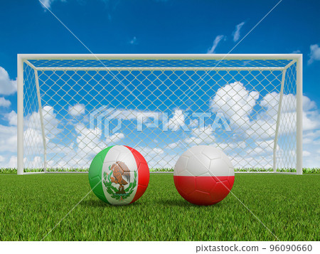 Footballs in flags colors on soccer field . Mexico with Poland. 3d rendering Footballs in flags colors on soccer field . Mexico with Poland. 3d rendering 96090660