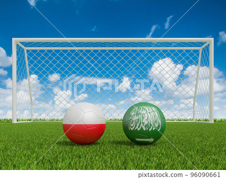 Footballs in flags colors on soccer field . Poland with Saudi arabia.3d rendering Footballs in flags colors on soccer field . Poland with Saudi arabia.3d rendering 96090661