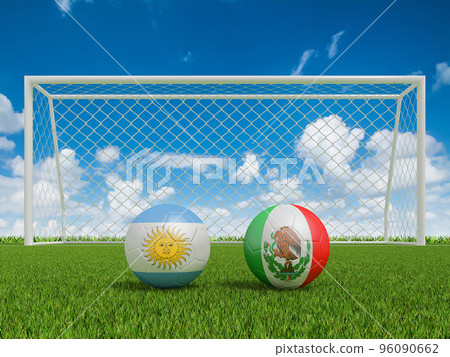 Footballs in flags colors on soccer field . Argentina with Mexico. 3d rendering Footballs in flags colors on soccer field . Argentina with Mexico. 3d rendering 96090662