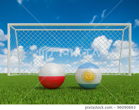 Footballs in flags colors on  soccer field . Poland with Argentina. 3d rendering 96090663