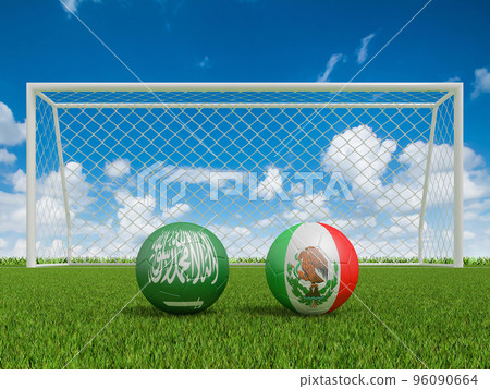 Footballs in flags colors on  soccer field . Saudi arabia with Mexico. 3d rendering 96090664