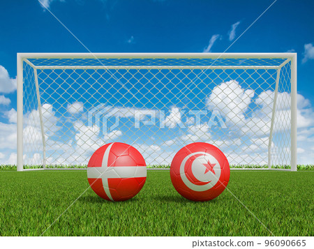Footballs in flags colors on  soccer field. Denmark with Tunisia. 3d rendering 96090665