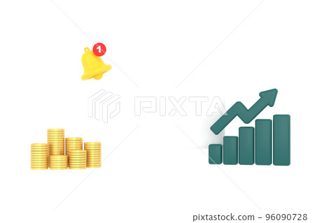 3D. Empty reminder pop up, notification bell icon with graph and coins 3D. Empty reminder pop up, notification bell icon with graph and coins 96090728
