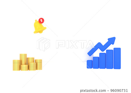 3D. Empty reminder pop up, notification bell icon with graph and coins 3D. Empty reminder pop up, notification bell icon with graph and coins 96090731