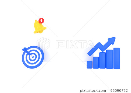 3D. Empty reminder pop up, notification bell icon with darts and coins 3D. Empty reminder pop up, notification bell icon with darts and coins 96090732