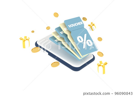 3D. smartphone on discount coupon with percentage sign with coins and gift box. Voucher card cash back. 96090843