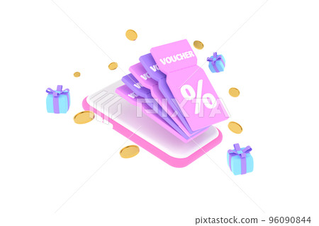 3D. smartphone on discount coupon with percentage sign with coins and gift box. Voucher card cash back. 96090844