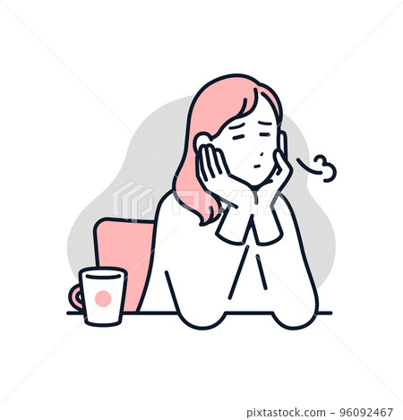 A simple vector illustration material of a young woman who is worried about holding her cheek 96092467