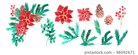 Watercolor. Christmas decoration illustration set with watercolor touch. poinsettia. fir tree. Holly watercolor illustration. Watercolor. Christmas decoration illustration set with watercolor touch. poinsettia. fir tree. Holly watercolor illustration. 96092671