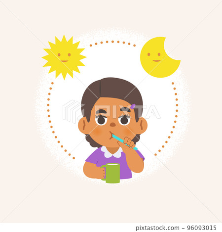 a black girl cleaning teeth with toothbrush by brushing teeth with circle and sun and moon, meaning is daily routine daytime and nighttime brushing teeth. illustration cartoon character vector design. 96093015