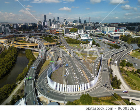 Aerial view of Brisbane city and highway traffic in Australia in daytime 96093263