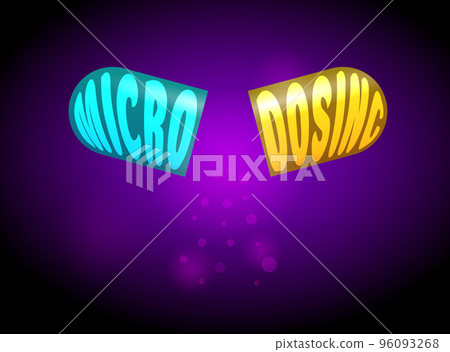Microdosing capsule pils with Magic mushrooms, psilocybin, LSD psychedelic. Powder-in-capsule concept. Recreational PTSD therapy vector illustration. 96093268