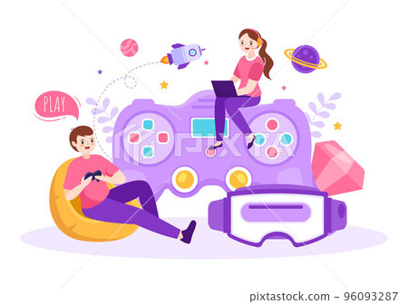 Video Game with Kids Playing Gamepad Controllers Fighting Console on Android Mobile Computer in Flat Cartoon Hand Drawn Template Illustration 96093287