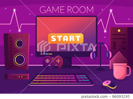 Video Game Room Interior with Android Mobile Computer and Comfortable Armchairs for Gamers in Flat Cartoon Hand Drawn Template Illustration 96093295