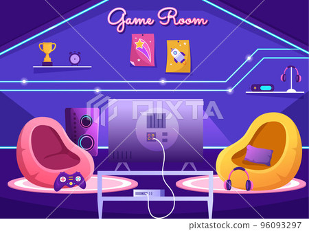 Video Game Room Interior with Android Mobile Computer and Comfortable Armchairs for Gamers in Flat Cartoon Hand Drawn Template Illustration 96093297