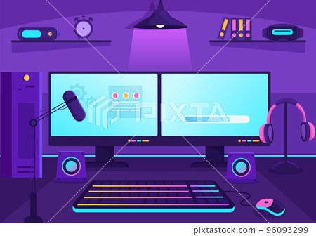 Video Game Room Interior with Android Mobile Computer and Comfortable Armchairs for Gamers in Flat Cartoon Hand Drawn Template Illustration Video Game Room Interior with Android Mobile Computer and Comfortable Armchairs for Gamers in Flat Cartoon Hand Drawn Template Illustration 96093299