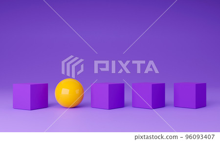 Yellow ball or sphere stands out from the purple cube square crowd. think different, business success concept. 3D Rendering. 96093407