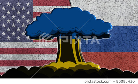 Russia vs USA, the flags of the two countries on a wall, in the center the explosion of a nuclear bomb with the flag of Ukraine Russia vs USA, the flags of the two countries on a wall, in the center the explosion of a nuclear bomb with the flag of Ukraine 96093430
