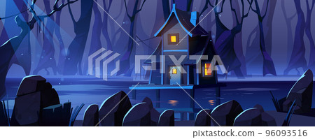 Stilt house in swamp in forest at night 96093516
