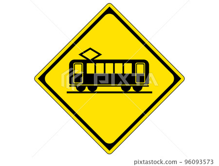 Warning sign, railroad crossing ahead, road sign, sign illustration, pictogram 96093573