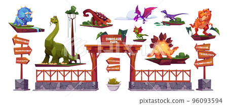 Dinosaur park cartoon characters, arrows and gates Dinosaur park cartoon characters, arrows and gates 96093594