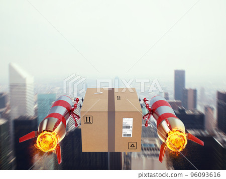 Fast delivery of package by turbo rocket. 3D Rendering 96093616