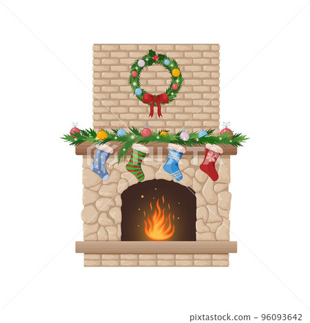 Fireplace. Christmas fireplace with a Christmas wreath and socks for gifts. Fireplace with fire and festive decorations. Vector illustration 96093642